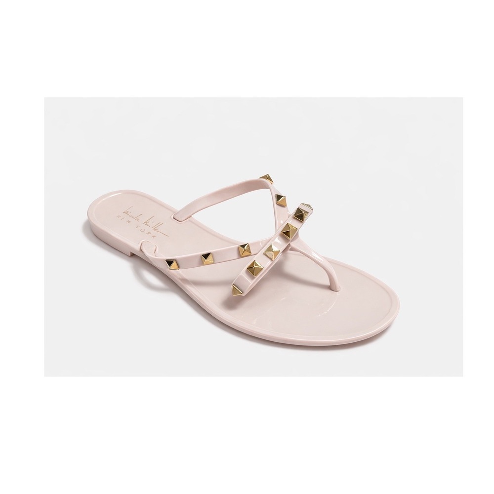 Nicole Miller Jelly Flip Flop Thong Sandals Women 40 Nude Pink Gold‎ Studded Bow